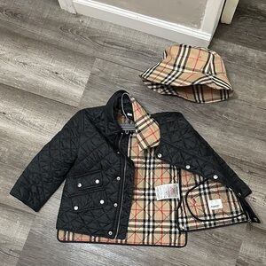Burberry Kids Black Quilted Pea Coat with Check Lining